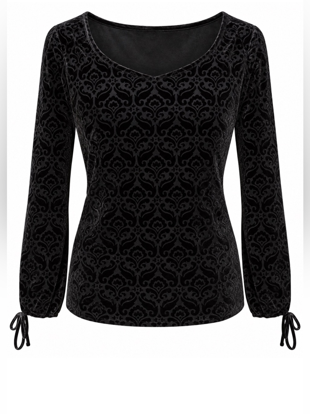 Talbots Black Velour V-Neck Blouse with Tie Sleeves, small